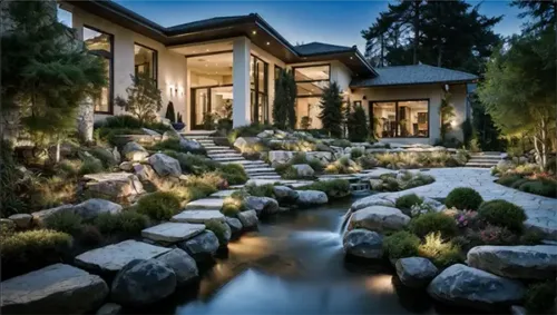 Luxury Evening Garden with Flowing Stream