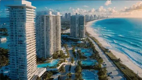 Futuristic Florida Coastal Living Vision This video showcases a futuristic vision of residential complexes along the stunning coast of Florida. The camera moves smoothly in a straight line, capturing high-rise towers that overlook the pristine beaches and turquoise ocean. The modern architecture of the buildings blends seamlessly with the natural beauty of the coastline, while palm trees and luxurious pools enhance the resort-like atmosphere. The scene depicts an ideal balance of innovation and relaxation, highlighting the future of luxury living along Florida’s breathtaking shores.