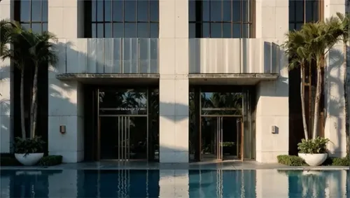 Elegant condo entrance with poolside view