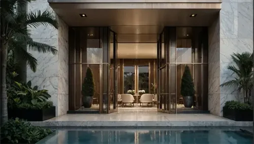 Luxury condo entrance with pool reflection