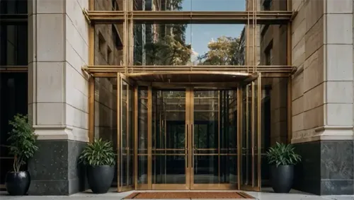 Golden condo entrance with greenery