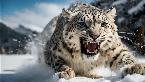 Fierce Snow Leopard Charging Forward