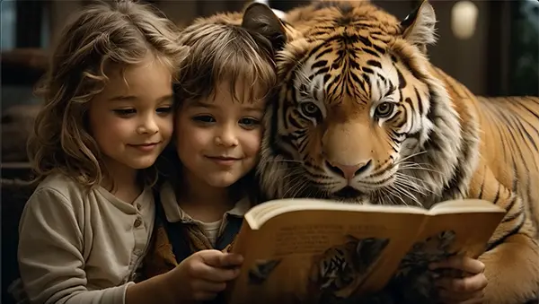 Tiger Reading Book with Children