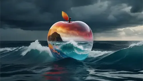 Glass Apple Floating in Waves