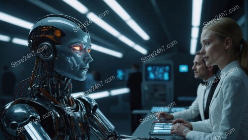 AI Robot in Futuristic Lab with Scientists