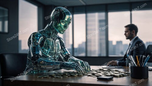 AI Robot Managing Finances in Office Setting