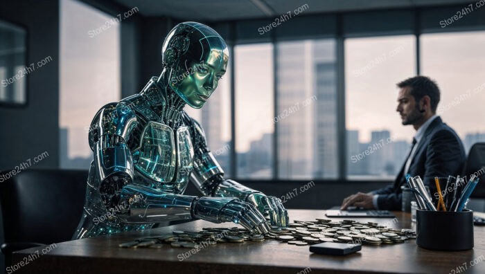 AI Robot Managing Finances in Office Setting