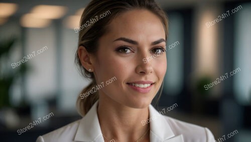 Confident and friendly assistant in a sleek corporate office