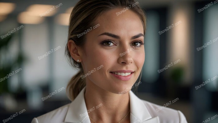 Confident and friendly assistant in a sleek corporate office