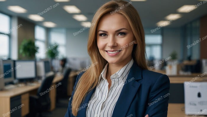 Confident and professional secretary in a busy corporate office