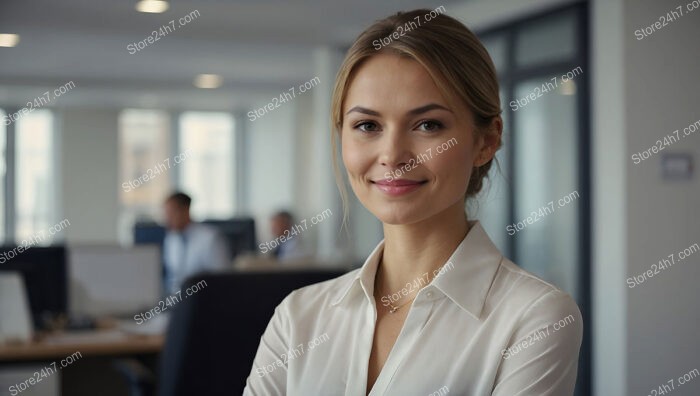 Confident businesswoman in a bright, open office environment