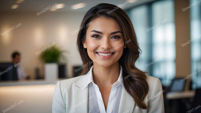 Confident corporate secretary ready to assist in modern office