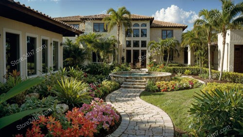 Grand Estate Courtyard with Curved Path and Tropical Flower Beds