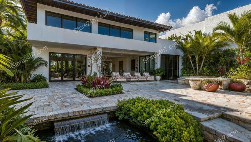 Modern Courtyard with Water Feature and Tropical Greenery