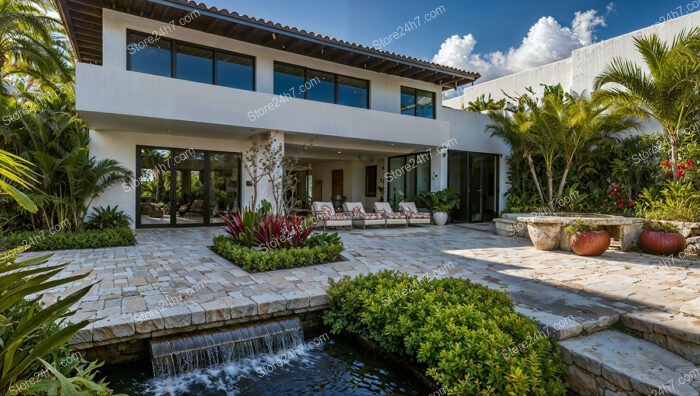 Modern Courtyard with Water Feature and Tropical Greenery