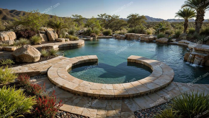 Natural Oasis Pool with Stonework and Lush Desert Landscape