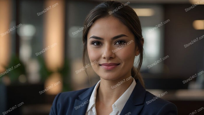 Poised and confident businesswoman in a sleek office environment