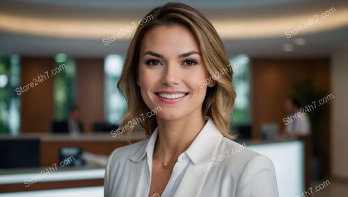 Polished businesswoman at a modern corporate reception desk