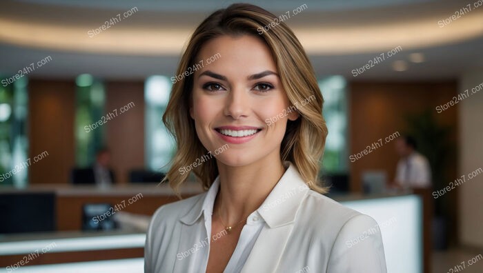 Polished businesswoman at a modern corporate reception desk