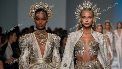 Regal Elegance: Embellished Crowns and Luxurious Runway Gowns