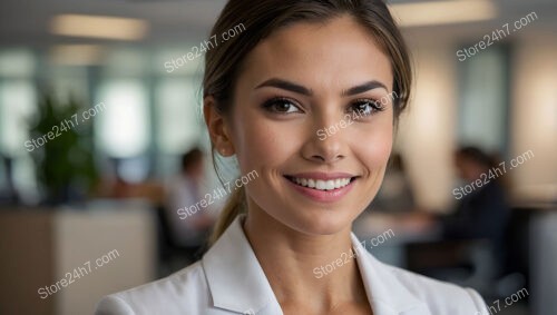 Smiling corporate assistant in a bright, collaborative office environment