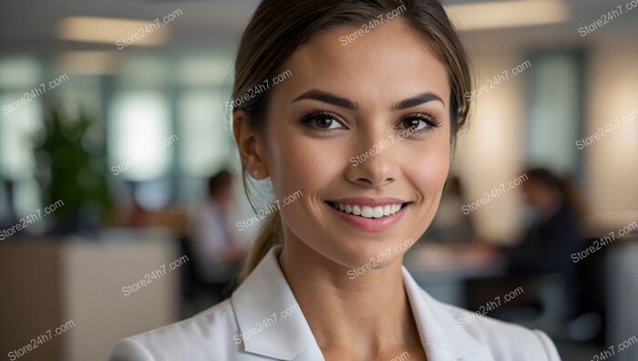 Smiling corporate assistant in a bright, collaborative office environment