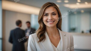 Smiling corporate assistant in a modern, dynamic office setting