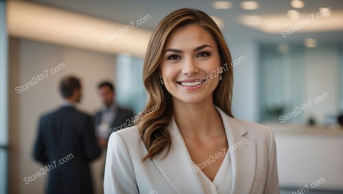 Smiling corporate assistant in a modern, dynamic office setting