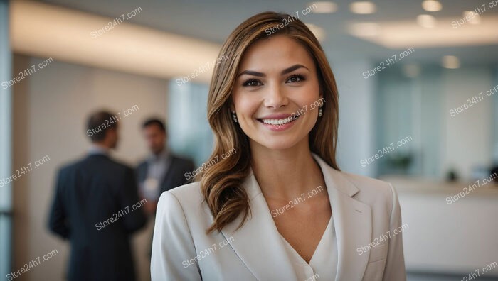 Smiling corporate assistant in a modern, dynamic office setting