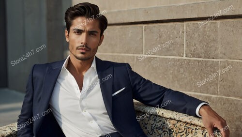 Sophisticated Relaxation in Navy Suit and White Shirt