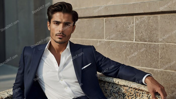 Sophisticated Relaxation in Navy Suit and White Shirt