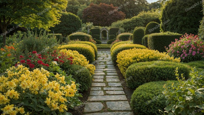 Symmetrical Garden Pathway Framed by Vibrant Floral Beds and Hedges