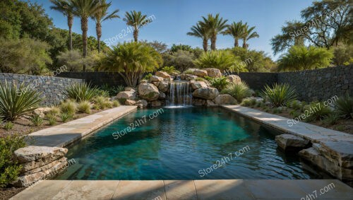 Tranquil Desert Pool with Waterfall and Lush Greenery Backdrop