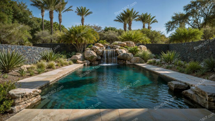 Tranquil Desert Pool with Waterfall and Lush Greenery Backdrop