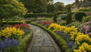 Vibrant Flower Garden Pathway with Manicured Hedges
