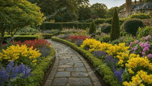 Vibrant Flower Garden Pathway with Manicured Hedges