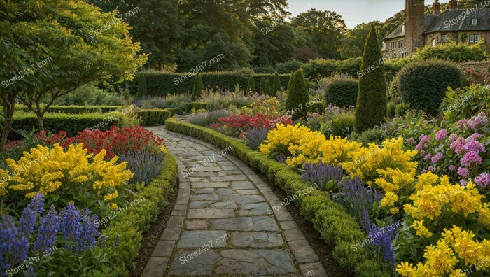 Vibrant Flower Garden Pathway with Manicured Hedges