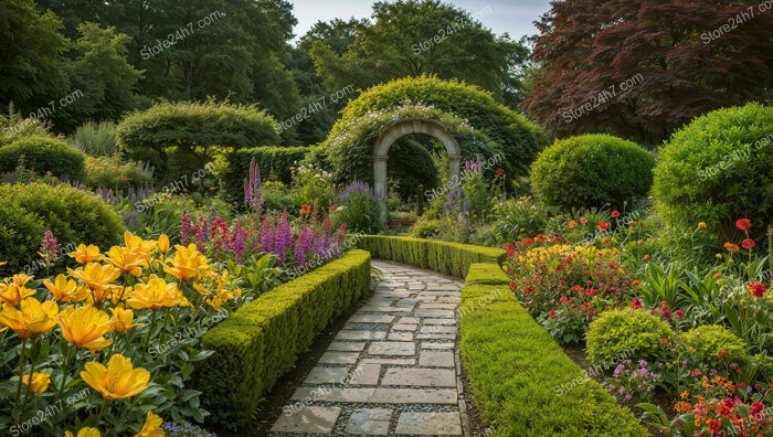 Vibrant Flower Garden with Arched Stone Gateway and Manicured Hedges